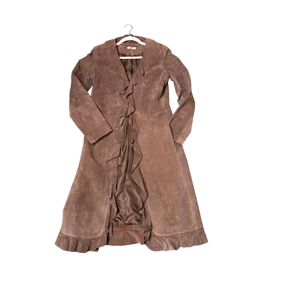 Wilsons Leather Brown Suede Ruffle Duster Trench Coat Jacket Womens Medium